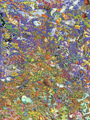 A vibrant and colorful jigsaw puzzle titled 'Shoal' by Ravensburger, depicting a rich underwater scene filled with various species of fish, sea turtles, and corals in a tropical setting, showcasing intricate details and bright colors that bring the marine life to life.
