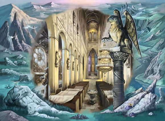 A colorful illustration depicting an intricate jigsaw puzzle titled 'Escape the Circle: Paris' by Ravensburger. The design features a grand architectural interior with ornate columns, a majestic griffin statue, and a beautiful stained glass window. Surrounding the interior scene are serene landscapes with mountains and lush greenery, inviting puzzle enthusiasts into a captivating escape experience.