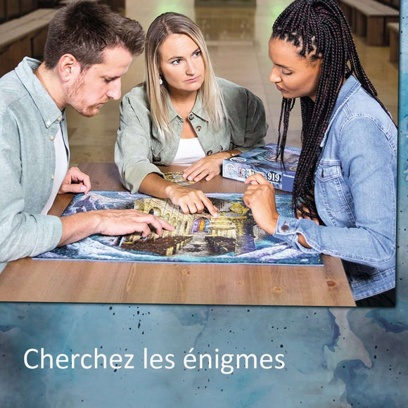 A group of three people working together on the Escape the Circle: Paris jigsaw puzzle by Ravensburger. They are focused on assembling a detailed image depicting a scenic Parisian landscape. The puzzle box is visible to the right, and they are seeing to fit pieces together on a wooden table, creating an engaging atmosphere of collaboration and problem-solving.