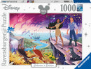 Disney Pocahontas Collector's Edition jigsaw puzzle by Ravensburger featuring Pocahontas and John Smith on a cliff overlooking a vibrant, nature-filled landscape. The image depicts colorful butterflies, trees, and a ship on the water, capturing the enchanting spirit of the animated film. This 1000-piece puzzle showcases softclick technology for perfect fit.