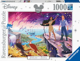 Disney Pocahontas Collector's Edition jigsaw puzzle by Ravensburger featuring Pocahontas and John Smith on a cliff overlooking a vibrant, nature-filled landscape. The image depicts colorful butterflies, trees, and a ship on the water, capturing the enchanting spirit of the animated film. This 1000-piece puzzle showcases softclick technology for perfect fit.