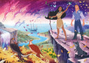 Disney Pocahontas Collector's jigsaw puzzle featuring vibrant artwork of Pocahontas and John Smith standing on a cliff, surrounded by nature and magical elements such as butterflies and deer. The river and a ship are seen in the background, embodying the adventure and beauty of the film.