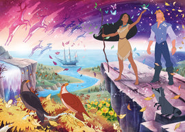 Disney Pocahontas Collector's jigsaw puzzle featuring vibrant artwork of Pocahontas and John Smith standing on a cliff, surrounded by nature and magical elements such as butterflies and deer. The river and a ship are seen in the background, embodying the adventure and beauty of the film.