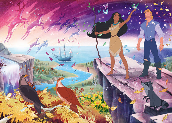 Disney Pocahontas Collector's jigsaw puzzle featuring vibrant artwork of Pocahontas and John Smith standing on a cliff, surrounded by nature and magical elements such as butterflies and deer. The river and a ship are seen in the background, embodying the adventure and beauty of the film.