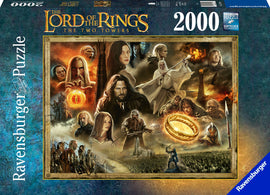 Ravensburger jigsaw puzzle featuring a vibrant collage from 'The Lord of the Rings: The Two Towers.' The image showcases key characters and iconic moments, with intricate details and colors, making it a stunning 2000-piece puzzle perfect for fans and puzzle enthusiasts alike.