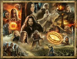 A detailed illustration of various iconic characters from 'The Lord of the Rings: The Two Towers,' including Aragorn, Legolas, Gollum, and Gandalf, alongside the One Ring and scenes of battle and exploration. The collage is rich in color and intricate design, perfect for fans of the franchise.