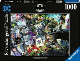 Batman Collector’s Edition 1000 jigsaw puzzle by Ravensburger, featuring an intricate design with Batman battling iconic villains like the Joker and Catwoman amid vivid backgrounds showcasing scenes from Gotham City.