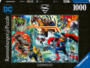 DC Superman Collection jigsaw puzzle by Ravensburger featuring an epic battle scene with Superman and various iconic villains, intricately illustrated with vibrant colors and dynamic action, consisting of 1000 pieces. Ideal for puzzle enthusiasts and superhero fans.