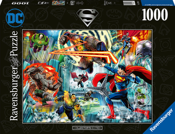 DC Superman Collection jigsaw puzzle by Ravensburger featuring an epic battle scene with Superman and various iconic villains, intricately illustrated with vibrant colors and dynamic action, consisting of 1000 pieces. Ideal for puzzle enthusiasts and superhero fans.