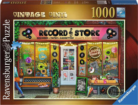 A colorful jigsaw puzzle featuring a vintage record store with a bright storefront displaying records and cassette tapes. The scene includes a welcoming atmosphere with a bench outside, signs announcing sales, and vibrant decorations like vinyl records adorning the windows. The puzzle consists of 1000 pieces and showcases intricate details characteristic of Ravensburger's premium quality.
