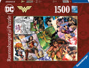 Ravensburger 1500-piece jigsaw puzzle featuring Wonder Woman. The box artwork includes various comic-style illustrations of Wonder Woman in action, showcasing her iconic costume and accessories, surrounded by different poses and scenes from her adventures.
