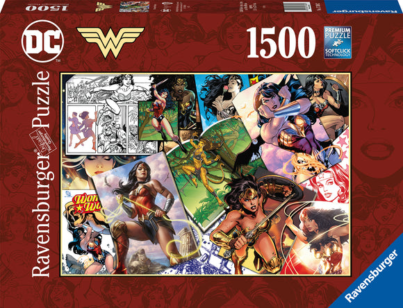 Ravensburger 1500-piece jigsaw puzzle featuring Wonder Woman. The box artwork includes various comic-style illustrations of Wonder Woman in action, showcasing her iconic costume and accessories, surrounded by different poses and scenes from her adventures.