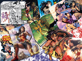 Colorful collage featuring Wonder Woman in various illustrations, showcasing her iconic attire, lasso, and heroic poses. The images include comic-style renditions and close-ups, emphasizing her strength and determination.