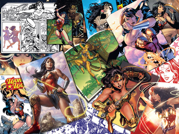 Colorful collage featuring Wonder Woman in various illustrations, showcasing her iconic attire, lasso, and heroic poses. The images include comic-style renditions and close-ups, emphasizing her strength and determination.
