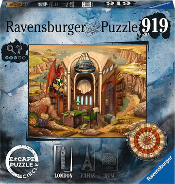 Escape the Circle: London jigsaw puzzle by Ravensburger featuring an elaborate scene with a dragon, a desk, bookshelves, and scenic landscape in the background, perfect for puzzle enthusiasts.