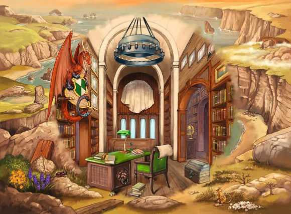 The jigsaw puzzle 'Escape the Circle: London' by Ravensburger features an enchanting library scene with a dragon perched above a desk. The setting showcases shelves filled with books, a globe, and a stunning view of a coastal landscape through large arched windows, evoking a sense of adventure.