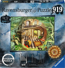The product image for 'Escape the Circle: Rome' shows a vibrant jigsaw puzzle designed by Ravensburger. The puzzle's artwork features an intricately detailed interior scene with a spiral staircase, a wooden column with the name 'Lupus', colorful plants, and a black-and-white tiled floor. In the background, lush greenery envelops the scene, suggesting a mystical or enchanted atmosphere. The puzzle includes iconic elements representing Rome, London, and Paris.