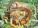 The Escape the Circle: Rome jigsaw puzzle by Ravensburger features an intricate and colorful illustration of a grand staircase within a nature-infused interior. There is a majestic wolf statue on a pedestal, vibrant flowers in a vase, and various animals such as a squirrel and a bird, set against lush greenery.