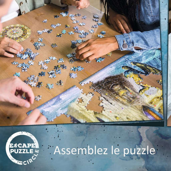 A group of people working together on the Escape the Circle: Rome jigsaw puzzle. Pieces in various colors and shapes are scattered on a wooden table, with sections of the puzzle already assembled showcasing intricate designs and themes from Rome. The puzzle combines fun and challenge as participants collaborate to complete it.