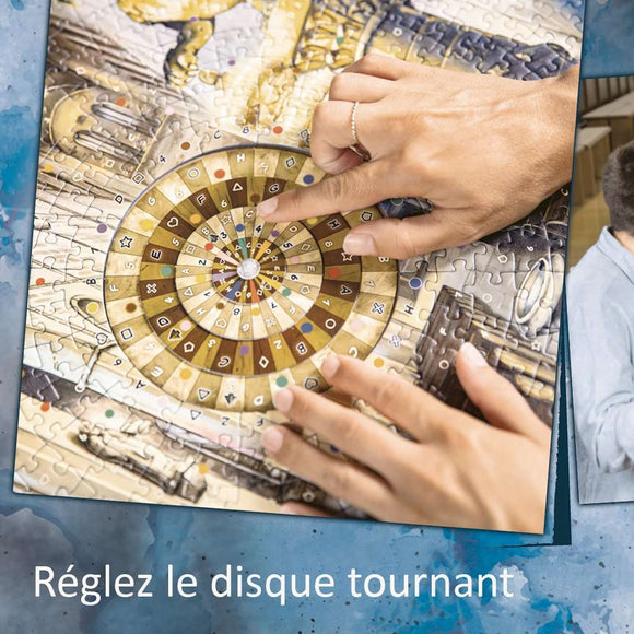 A close-up of the Ravensburger jigsaw puzzle 'Escape the Circle: Rome'. A hand is interacting with a circular disc in the puzzle, which features intricate designs and colorful elements, set against a detailed background related to Rome.