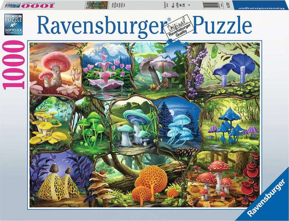 Ravensburger Beautiful Mushrooms jigsaw puzzle featuring 1000 vibrant pieces showcasing a variety of mushrooms in whimsical habitats. The art includes colorful mushrooms set against lush landscapes, each nestled in a uniquely designed environment that captures the beauty of nature.