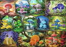 A vibrant jigsaw puzzle image featuring a collage of various types of colorful mushrooms set in enchanting nature scenes. The artwork showcases a wide range of mushrooms, including pink, blue, yellow, and red varieties, surrounded by detailed foliage and landscapes, creating a whimsical and immersive environment.