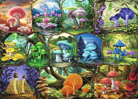 A vibrant jigsaw puzzle image featuring a collage of various types of colorful mushrooms set in enchanting nature scenes. The artwork showcases a wide range of mushrooms, including pink, blue, yellow, and red varieties, surrounded by detailed foliage and landscapes, creating a whimsical and immersive environment.