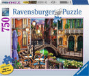 Ravensburger Venice Twilight jigsaw puzzle featuring a beautiful scene of a canal in Venice. The artwork shows colorful buildings, a bridge, and outdoor café tables adorned with flowers. The puzzle includes 750 large pieces designed for easy handling.