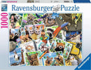 A colorful jigsaw puzzle box featuring A Traveler's Animal Journey by Ravensburger. The image displays a collage of various adorable animals, including foxes, koalas, and exotic birds, showcasing vibrant colors and intricate details. The puzzle contains 1000 pieces and highlights a playful and adventurous theme, ideal for animal lovers and puzzle enthusiasts.