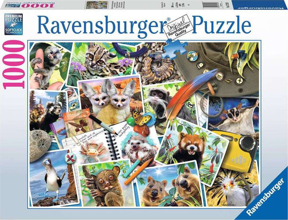 A colorful jigsaw puzzle box featuring A Traveler's Animal Journey by Ravensburger. The image displays a collage of various adorable animals, including foxes, koalas, and exotic birds, showcasing vibrant colors and intricate details. The puzzle contains 1000 pieces and highlights a playful and adventurous theme, ideal for animal lovers and puzzle enthusiasts.
