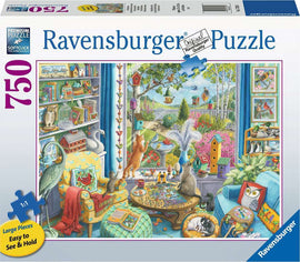 Ravensburger The Bird Watchers large piece jigsaw puzzle featuring a vibrant indoor scene with various animals including cats, owls, and a detailed garden view. The cozy room is filled with books, colorful decorations, and birdhouses.