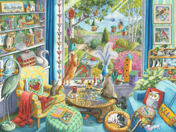 A colorful jigsaw puzzle scene depicting a cozy room filled with various decorations related to birdwatching. The image shows cats, a dog, and a vibrant garden through a window filled with birdhouses and flowers, while a puzzle is being completed on a round table. Shelves are adorned with books and cheerful bird-themed objects, creating a whimsical atmosphere perfect for bird enthusiasts.
