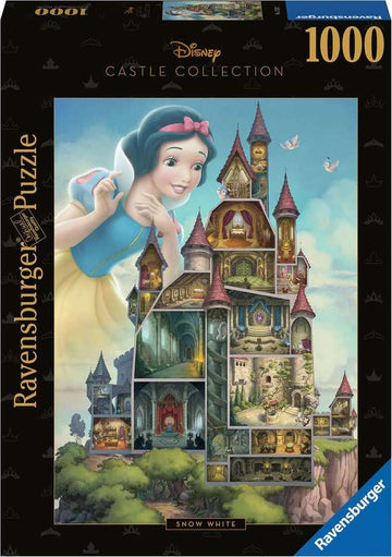 Ravensburger jigsaw puzzle of Disney’s Snow White featuring a colorful illustration of Snow White in front of a beautifully detailed castle. The puzzle is part of the Disney Castle Collection and contains 1000 pieces, showcasing whimsical elements and various rooms of the castle.