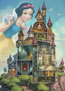 A vibrant jigsaw puzzle featuring the Disney Castle from Snow White, illustrated in a whimsical style. The puzzle showcases various rooms and scenes from the castle, with Snow White cheerfully interacting with her surroundings. The artwork includes detailed depictions of the castle's interior and exterior, surrounded by lush greenery and playful birds, capturing the enchanting essence of Disney magic.
