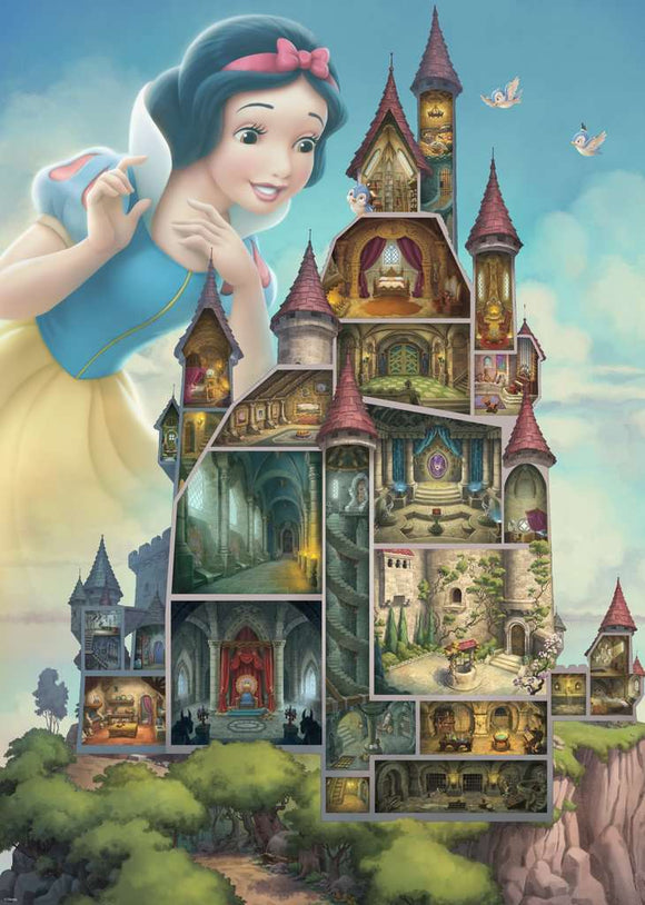 A vibrant jigsaw puzzle featuring the Disney Castle from Snow White, illustrated in a whimsical style. The puzzle showcases various rooms and scenes from the castle, with Snow White cheerfully interacting with her surroundings. The artwork includes detailed depictions of the castle's interior and exterior, surrounded by lush greenery and playful birds, capturing the enchanting essence of Disney magic.