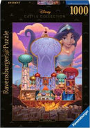 A jigsaw puzzle featuring a vibrant illustration of Disney's Jasmine and her enchanting castle. The artwork showcases intricate details of Jasmine's palace, surrounded by colorful towers and magical landscapes. Perfect for Disney fans and puzzle enthusiasts, this Ravensburger jigsaw puzzle contains 1000 pieces for a challenging yet enjoyable experience.