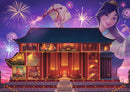 A vibrant jigsaw puzzle featuring the Disney Castle inspired by Mulan, showcasing intricate details of the castle's interior and exterior, with Mulan depicted holding a scroll against a backdrop of colorful fireworks in the night sky.