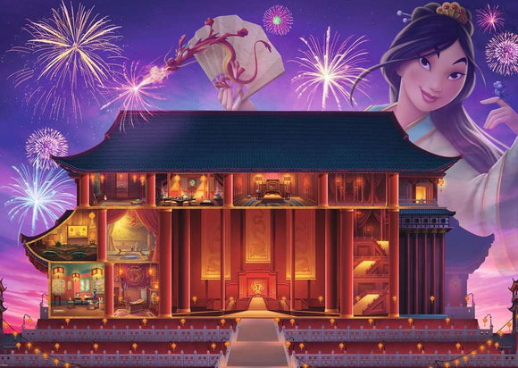 A vibrant jigsaw puzzle featuring the Disney Castle inspired by Mulan, showcasing intricate details of the castle's interior and exterior, with Mulan depicted holding a scroll against a backdrop of colorful fireworks in the night sky.
