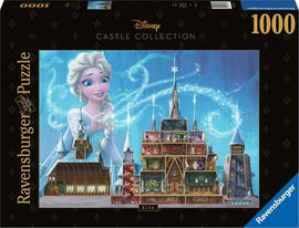 Disney Castle Jigsaw Puzzle featuring Elsa, a 1000-piece puzzle from Ravensburger. The image shows a beautifully illustrated castle with detailed architectural features and Elsa's enchanting presence, perfect for Disney fans and puzzle enthusiasts.