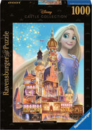 Ravensburger Disney Castle puzzle featuring Rapunzel, showcasing an intricately designed castle with vibrant colors and details. The packaging displays Rapunzel's cheerful face and highlights the enchanting architectural features of the castle, making it a delightful challenge for puzzle enthusiasts. This jigsaw puzzle contains 1000 pieces, perfect for family fun or individual enjoyment.