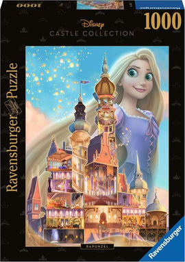 Ravensburger Disney Castle puzzle featuring Rapunzel, showcasing an intricately designed castle with vibrant colors and details. The packaging displays Rapunzel's cheerful face and highlights the enchanting architectural features of the castle, making it a delightful challenge for puzzle enthusiasts. This jigsaw puzzle contains 1000 pieces, perfect for family fun or individual enjoyment.