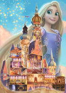 A jigsaw puzzle featuring Disney's Rapunzel with her iconic long hair. The image showcases a whimsical castle divided into sections, highlighting various rooms filled with magical elements and rich colors, set against a dreamy blue background.