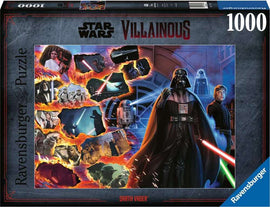 Star Wars Villainous jigsaw puzzle featuring Darth Vader. The box showcases a vibrant, dynamic design with iconic scenes and characters from the franchise, including lightsabers and spaceship imagery. This 1000-piece puzzle by Ravensburger captures the essence of Darth Vader surrounded by other key figures, embodying the epic saga's dark side.