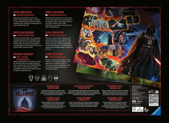 Star Wars Villainous: Darth Vader jigsaw puzzle by Ravensburger. This eye-catching puzzle features the iconic figure of Darth Vader, surrounded by scenes from the Star Wars universe, showcasing his dark power and presence. The image displays a vibrant depiction of various characters and elements from the franchise, making it perfect for fans and puzzle enthusiasts alike.