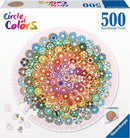 The Circle of Colors: Donuts jigsaw puzzle by Ravensburger features a vibrant circular arrangement of intricately designed donuts in various colors and patterns. This 500-piece puzzle includes a poster and showcases a colorful, engaging design, perfect for puzzle enthusiasts.