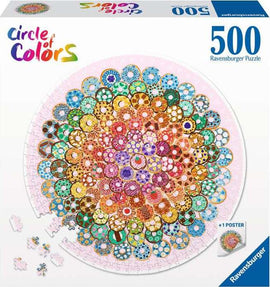 The Circle of Colors: Donuts jigsaw puzzle by Ravensburger features a vibrant circular arrangement of intricately designed donuts in various colors and patterns. This 500-piece puzzle includes a poster and showcases a colorful, engaging design, perfect for puzzle enthusiasts.