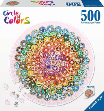 The Circle of Colors: Donuts jigsaw puzzle by Ravensburger features a vibrant circular arrangement of intricately designed donuts in various colors and patterns. This 500-piece puzzle includes a poster and showcases a colorful, engaging design, perfect for puzzle enthusiasts.