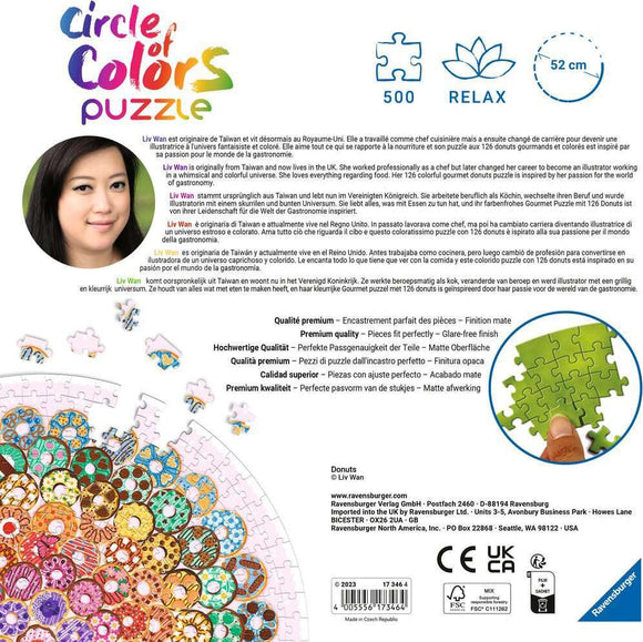 Ravensburger Circle of Colors puzzle featuring vibrant donuts in an artistic design. The puzzle has 500 pieces and is perfect for relaxation. Ideal for puzzle enthusiasts and donut lovers alike.