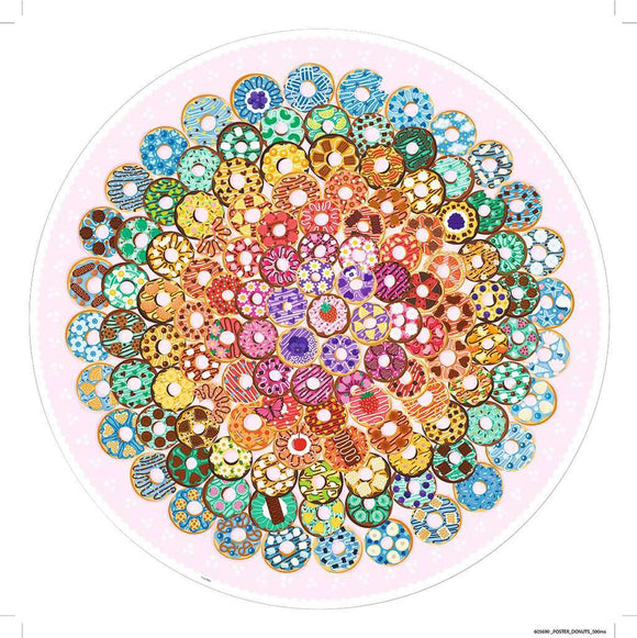 A vibrant jigsaw puzzle featuring a circular arrangement of colorful donuts. Each donut is uniquely decorated with various icing and toppings, set against a soft pink background. The design showcases a wide spectrum of colors, creating a festive and playful appearance.