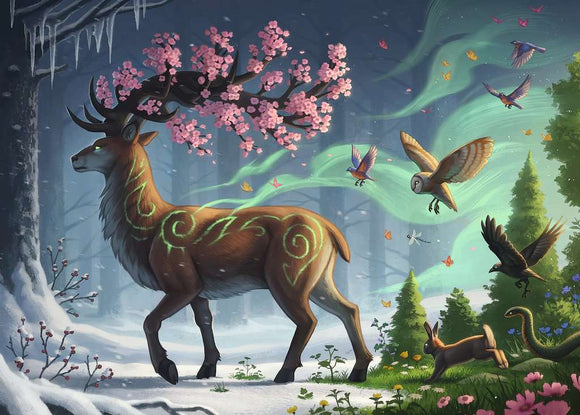A colorful jigsaw puzzle featuring a majestic deer adorned with flowers and swirling patterns. Surrounding the deer are various birds in flight, small animals like a bunny, and vibrant blossoms. The background showcases a magical forest with a blend of snowy and spring elements, creating a serene atmosphere.
